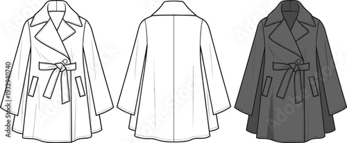 Women's Belted Cape Coat Fashion Flat Sketch and Technical Template Illustration