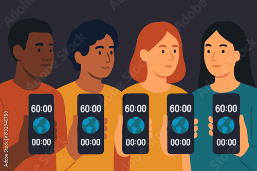 People of different cultures holding up smartphone screens showing Earth Hour countdown together