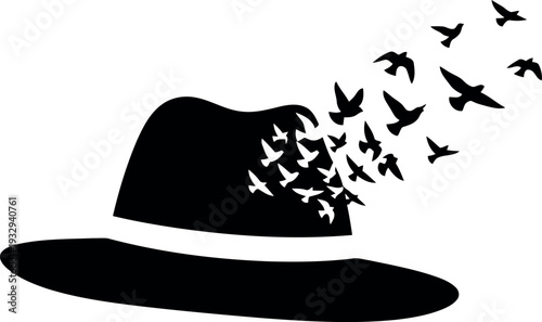 Surreal Black Fedora Hat with Flying Birds Silhouette Vector Isolated on White Background