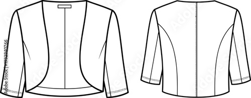 Women's Cropped Bolero Jacket Technical Sketch, Open Front Shrug Flat Vector Illustration