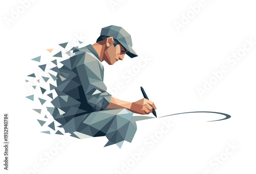 Low-poly vector illustration of a designer finishing the pen stroke in controlled follow-through, pen lowered slightly with