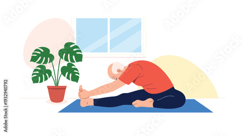 Fit elderly man practicing a seated forward bend yoga stretch on a blue mat inside a brightly lit room with a large monstera plant.
