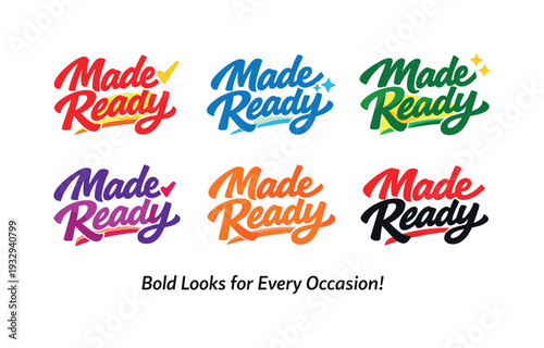 Seasonal holiday banner with promotional slogan presenting modern lettering logo set for Made Ready, action-inspired lettering