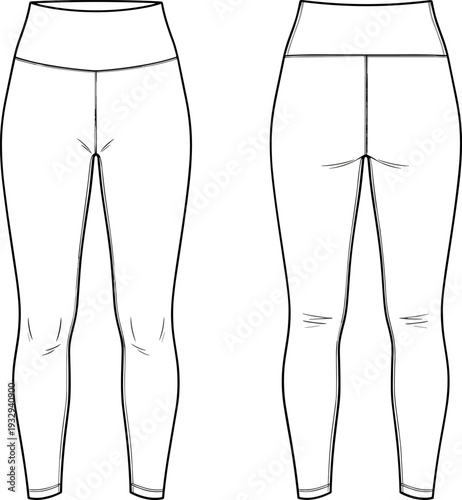 Women's High Waisted Leggings Technical Sketch, Yoga Pants Flat Vector Illustration Template