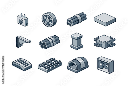 Isometric vector icons of subterranean infrastructure: sensor outline, fan unit ring, cable bundle line, concrete slab contour,