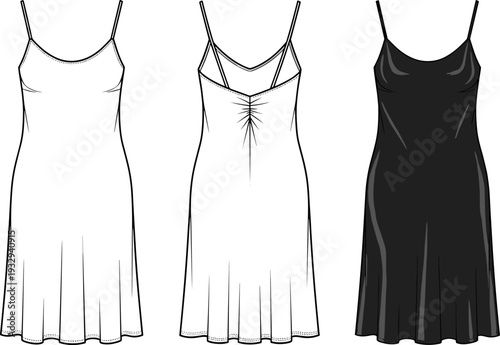 Women's Silk Slip Dress Technical Sketch, Camisole Nightgown Flat Vector Illustration Template