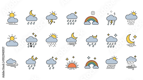 Large icon set for weather forecasting representing various conditions like sun, clouds, rain, snow, lightning, and moon phases.