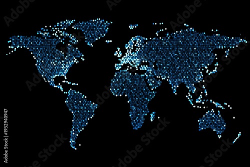 A stylized illustration of the world map composed of small blue dots on a black background representing global connectivity and data visualization