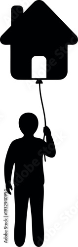 Silhouette of person holding house-shaped balloon, concept of real estate dreams and home ownership