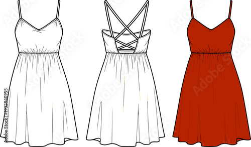 Women's Summer Cami Dress with Cross Back Straps Fashion Flat Sketch Technical Template Illustration