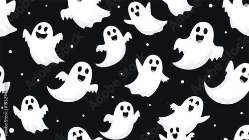 Spooky yet cute seamless pattern filled with white flying ghosts and small polka dots scattered across a solid black background.