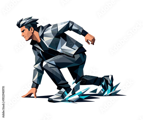 Low-poly vector illustration of a startup founder preparing for a pitch leap, wide angular stance with knees bent and torso