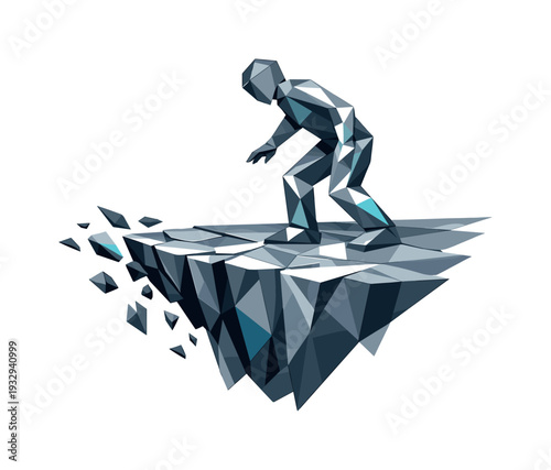 Low-poly vector illustration of a cliff edge balance in the setup phase, faceted figure approaching the cliff edge with cautious