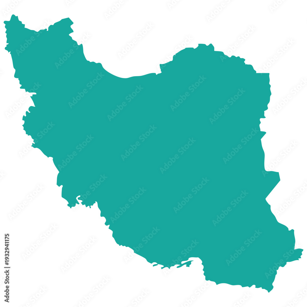 Obraz premium A simple, clean graphic illustration of the country map of Iran, featuring its distinct borders in a vibrant teal color against a crisp white background