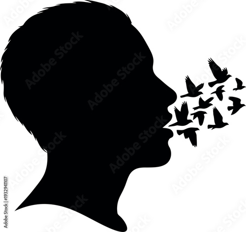 Silhouette of Human Profile with Birds Flying from Mouth Symbolizing Freedom and Expression