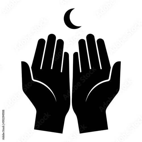 Silhouette of two hands raised in Islamic prayer with a crescent moon above, representing faith, dua, and Ramadan.