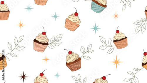 Sweet seamless pattern featuring vanilla cupcakes topped with red cherries and surrounded by colorful stars and delicate leaves.