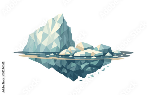 Low-poly vector illustration of an iceberg calving break future state, iceberg stabilized with a newly exposed faceted edge while