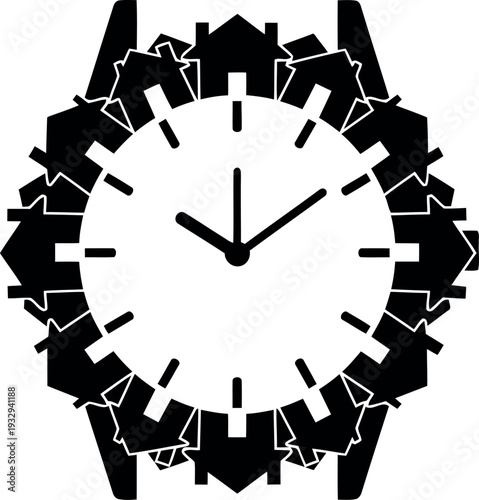 Black and white wristwatch with house silhouettes concept for real estate time management