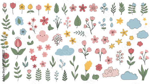 Massive collection of hand-drawn icons including various flowers, leaves, plants, and happy clouds in a soft pastel color palette.