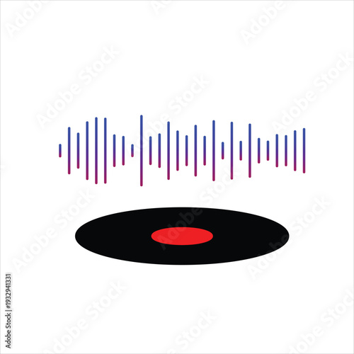 A minimalist graphic depicts a vinyl record with a red center label and an accompanying waveform above it suggesting audio high quality professional detailed modern elegant