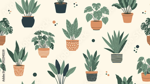 Beautiful seamless pattern showcasing a wide variety of indoor houseplants in decorative ceramic pots against a cream background.