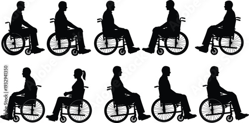 Wheelchair Users Silhouette Collection Featuring Men and Women in Manual Wheelchairs for Disability Accessibility Medical Care and Inclusion Vector Design