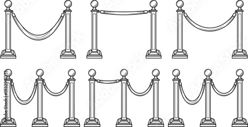 Red Carpet Barrier Posts with Rope Stanchions Line Art Event Crowd Control Vector Illustration Set