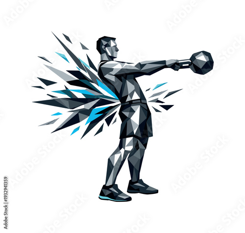 Low-poly vector illustration of an athlete achieving a powerful kettlebell swing breakthrough, perfectly aligned angular posture