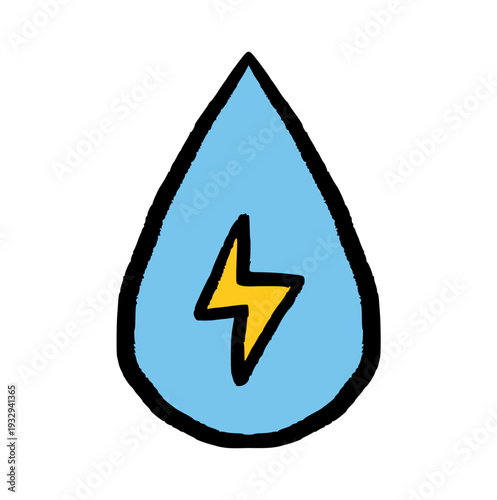 Hand drawn crayon water drop with lightning bolt, wax textured hydro energy doodle for renewable power and ecology concept