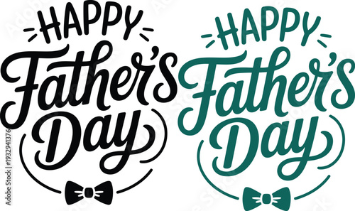 Happy Father's Day Badge and Typography Set with Elegant Script Lettering and Bow Tie Icons in Black and Teal for Holiday Greeting Design