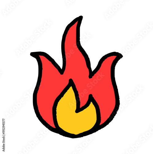 fire flame icon, hand drawn doodle blazing campfire symbol, hot spicy level sign, heat energy and creative ignite element