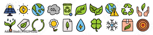 Ecology and environment icons set, hand drawn doodle wax crayon texture, green energy, recycling, global warming, and nature conservation elements for eco-friendly concept