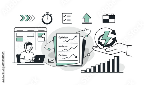 Modern minimal flat vector conceptual collage, crisp hard edges, consistent THIN outline stroke, rounded corners where needed,