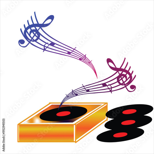 A vibrant illustration depicts a record player with musical notes emanating from the stylus creating a dynamic and artistic scene high quality professional detailed modern elegant