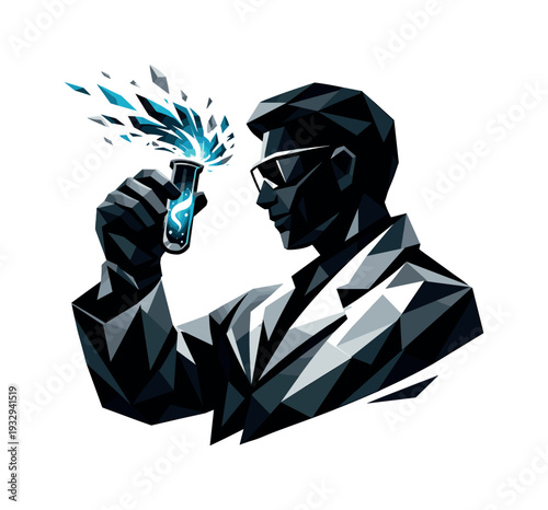 Low-poly vector illustration of a scientist achieving a successful vial reaction, swirling motion breaking into controlled