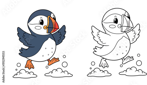 Cute cartoon puffin bird walking happily with open wings on clouds or snow vector illustration, adorable sea bird character for children education, sticker or nursery design
