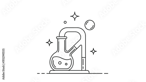 Scientific line art drawing of a complex laboratory glass setup with interconnected flasks and tubes for chemical experiments.
