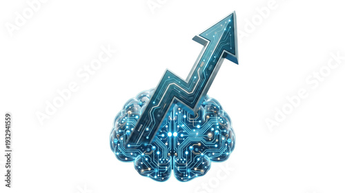3D Illustration of a Human Brain Integrated with Digital Circuits and a Glowing Upward Arrow Representing Artificial Intelligence Growth Machine Learning Success and High Tech Innovation
