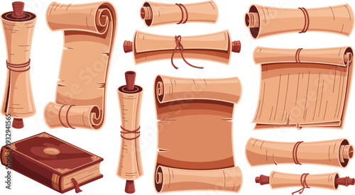 Vintage Parchment Scroll Collection with Ancient Paper Rolls and Antique Leather Bound Book for History and Fantasy Graphic Design