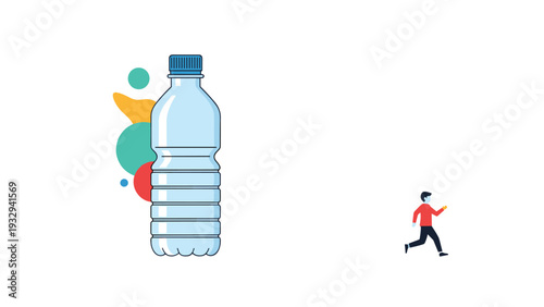 Creative conceptual image showing a large plastic water bottle and a tiny person running to emphasize the importance of hydration.