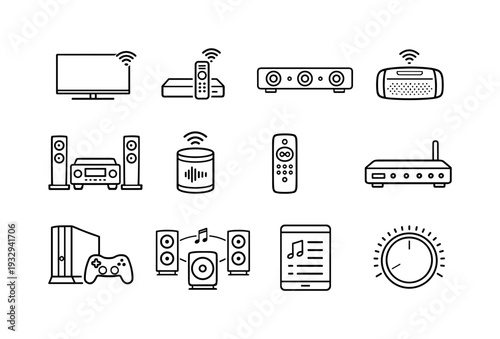 Line style vector icons of smart home entertainment devices: smart TV, streaming box, soundbar speaker, wireless speaker, home