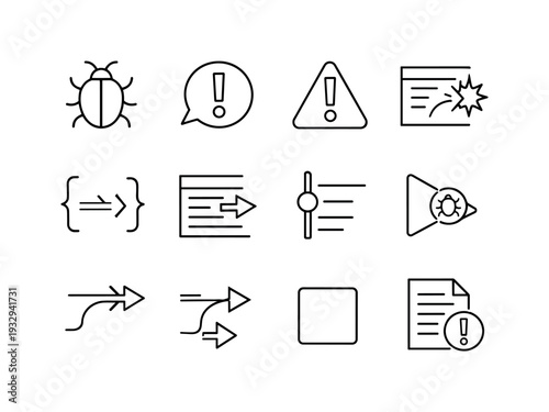 Line style vector icons of coding programming error and debugging symbols: bug icon, error alert, warning triangle, exception