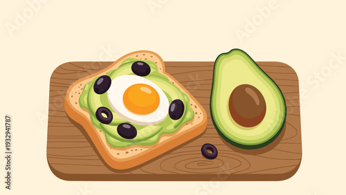Healthy breakfast avocado toast served on a wooden cutting board includes a fried egg, black olives, and fresh avocado slices.