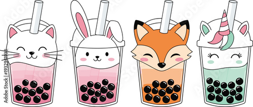 Cute Kawaii Bubble Tea Cups with Animal Faces Cat Bunny Fox Unicorn Pastel Cartoon Vector Illustration
