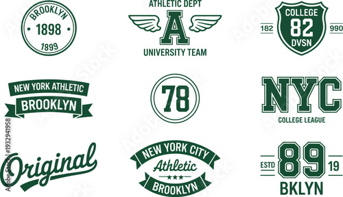 Vintage NYC Athletic and University Team Badge Collection with Brooklyn Original Collegiate Typography for Apparel and Sportswear Branding