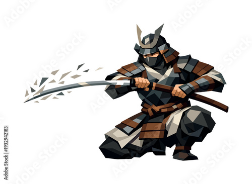 Low-poly vector illustration of a samurai executing a precise blade draw, single armored samurai with sharply faceted anatomy and