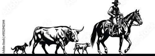 Western Cowboy Riding Horse Herding Cattle with a Dog Silhouette Vector Illustration Featuring a Bull and Calf on Ranch Land