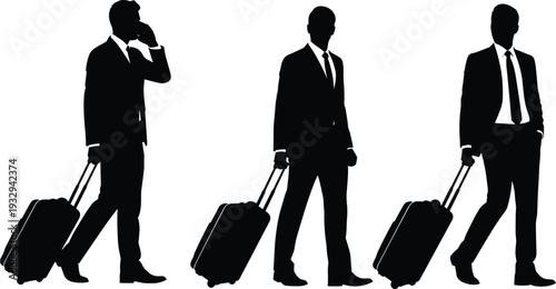 Silhouette of a professional businessman in a suit walking with luggage and talking on a phone during a corporate business trip.