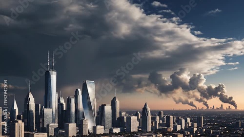 A dramatic aerial view of a large city skyline under a stormy sky with tall buildings